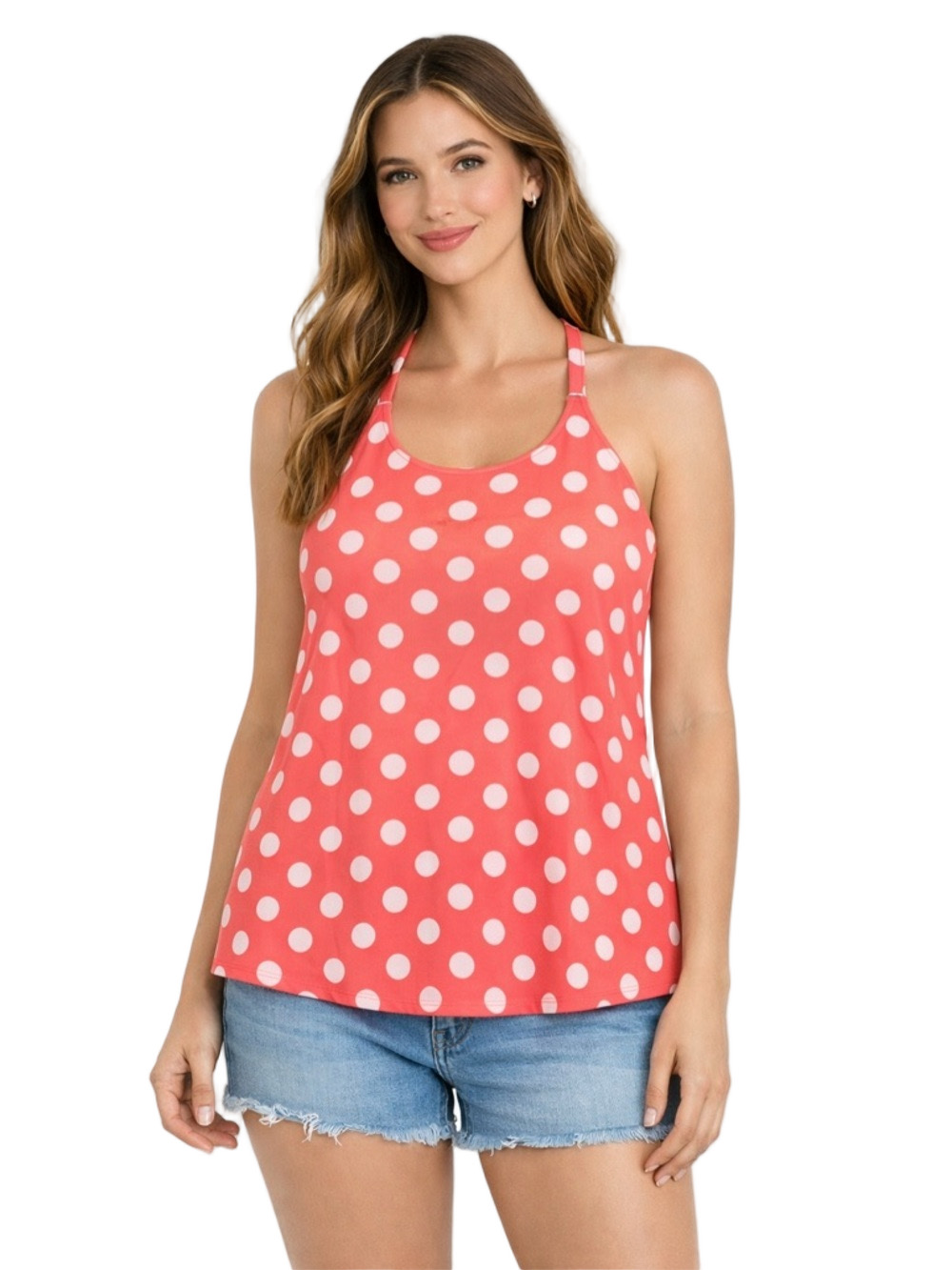 B Jewel Pink and White Polka Dot tank Top with grey back and bow